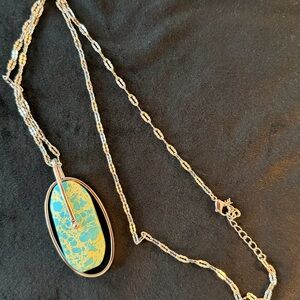 Oval Turquoise Stone Pendant Necklace - Silver Chain